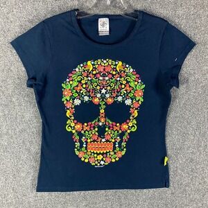 Karani Art Shirt Women's‎ Large Aztec Skull Floral Blue Short Sleeve Cotton